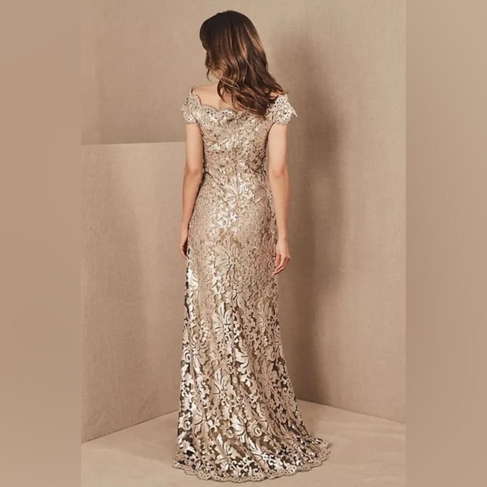 Tadashi Shoji Gold Lace Evening Gown - Picture 2 of 16